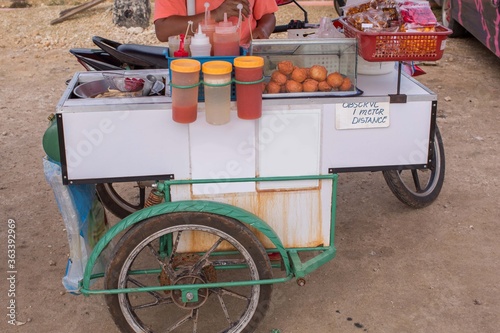philippine street food tempura and fishballs on a side car market stall photo