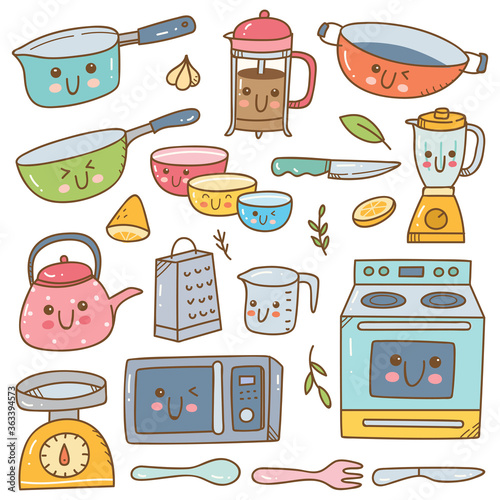 set of kawaii kitchen equipment doodles