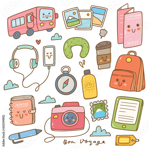 Set of kawaii style travel doodles