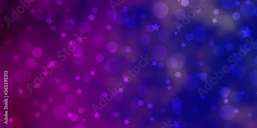 Light Purple, Pink vector pattern with circles, stars. Glitter abstract illustration with colorful drops, stars. Design for textile, fabric, wallpapers.