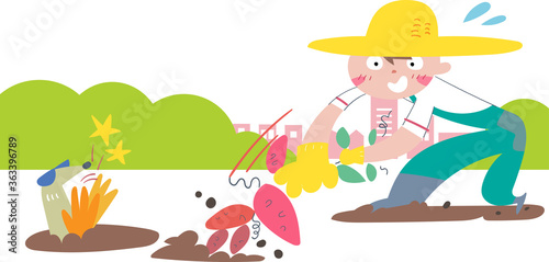 畑でさつまいも掘りをしている男の子　イラスト
