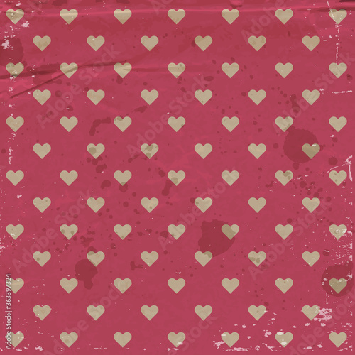 vector vintage wrapping paper, old distressed weathered, worn background with wrinkles and hearts pattern
