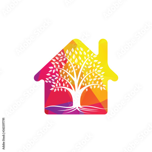 Home Tree Roots vector logo design. Vector of house tree with roots logo element.