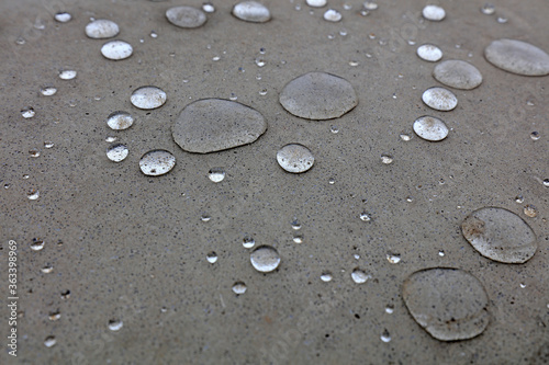 Water droplets on grey ground