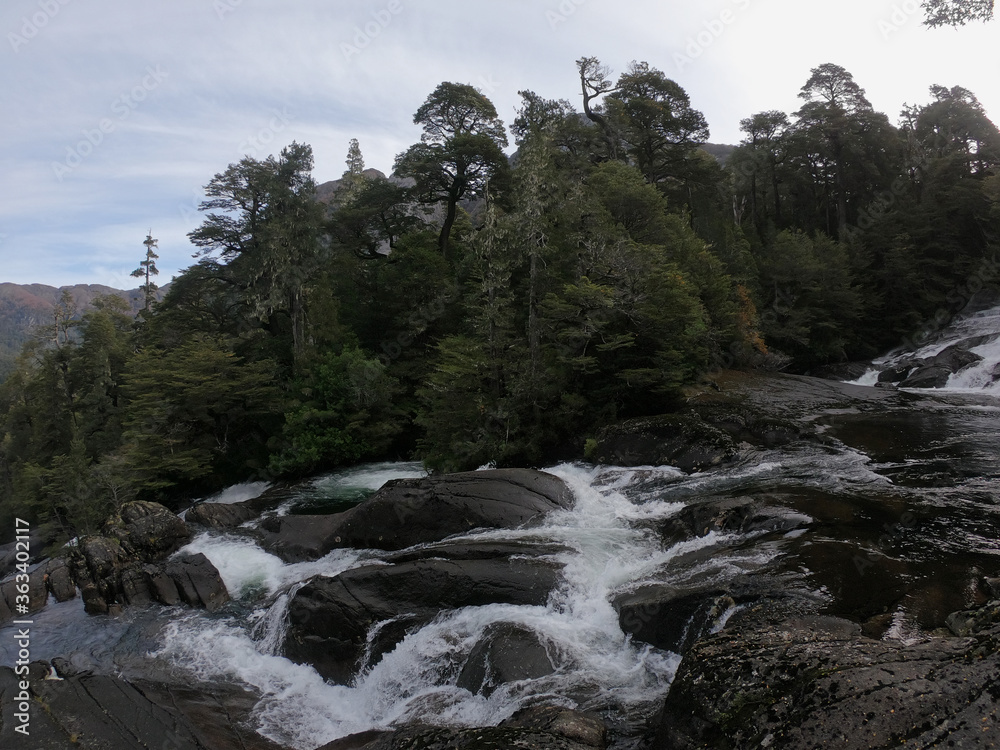 Nature. View of the rapids, rocky stream and waterfall in the mountain forest. Nature. View of the rapids, rocky stream and waterfall in the mountain forest.