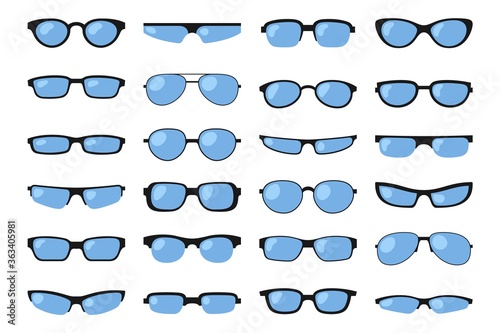 Set of various eyeglasses and sunglasses