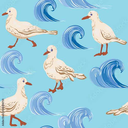 Seamless pattern with funny gulls and waves on a blue background. In the style of the cartoon. For banners  textiles  wrapping paper  Wallpaper  etc. Vector illustration.