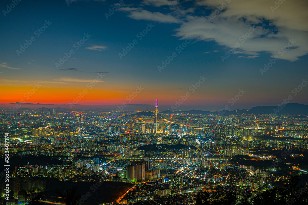 view of twilight seoul city scape and Downtown skyline in Seoul, South Korea