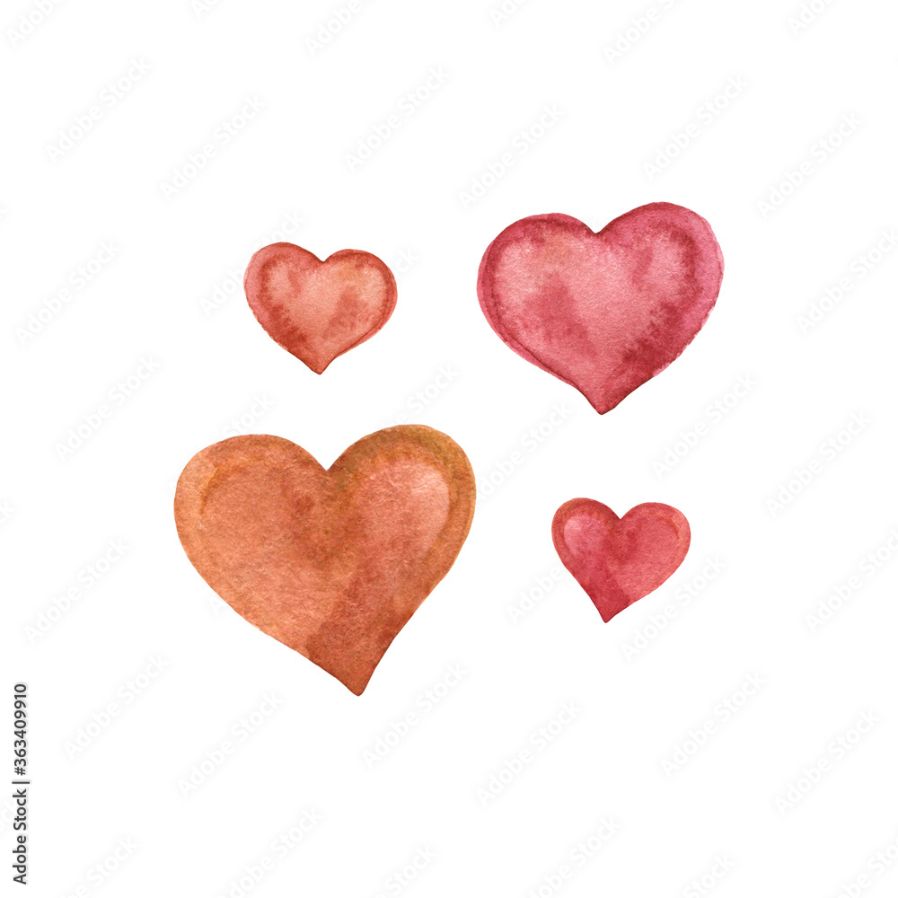 Set of watercolor hearts isolated on white background.