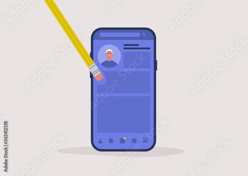 Social media censorship, erasing old posts, digital footprint concept, young male character avatar