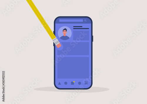 Social media censorship, erasing old posts, digital footprint concept, young male character avatar