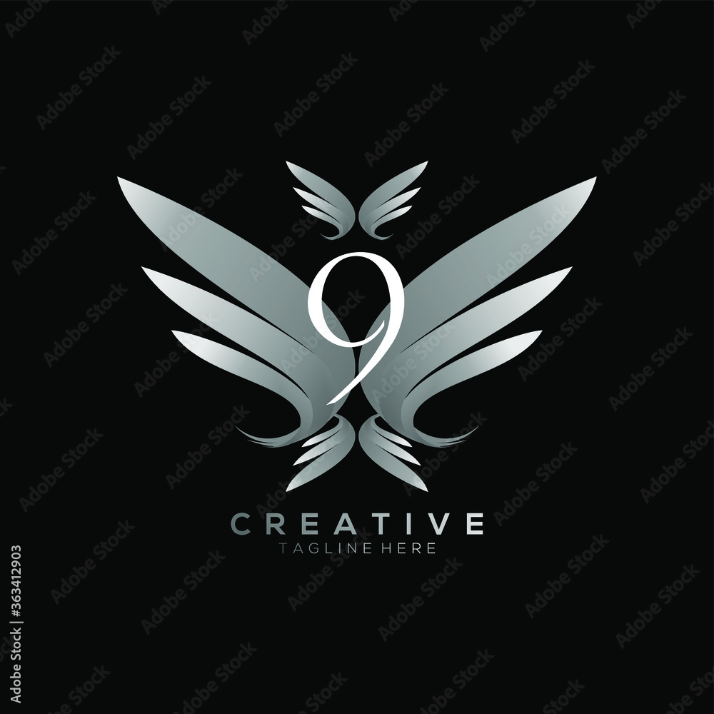 Fototapeta premium Number 9 Luxury White Wing Logo Template
