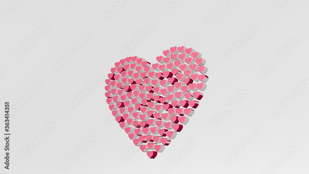 heart of small shapes made by 3D illustration of a shiny metallic sculpture on a wall with light background. love and design heart of small shapes made by 3D illustration of a shiny metallic sculpture on a wall with light background. love and design