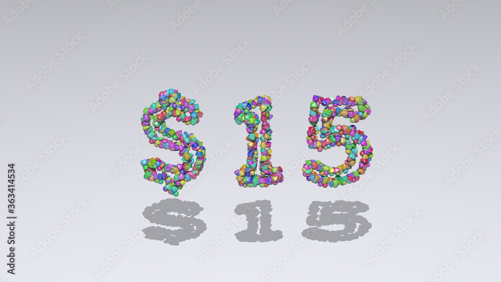 $15: 3D illustration of the text made of small objects over a white background with shadows $15: 3D illustration of the text made of small objects over a white background with shadows