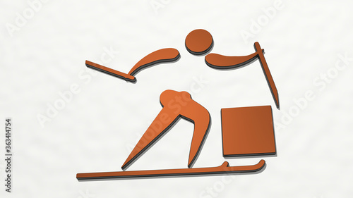 Принти на полотні MAN SKIING made by 3D illustration of a shiny metallic sculpture on a wall with light background