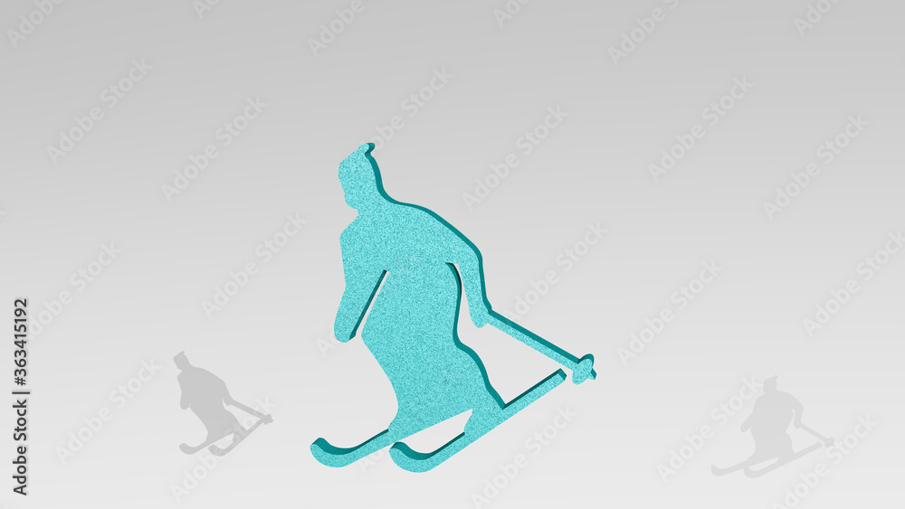 Fototapeta premium skiing man from a perspective on the wall. A thick sculpture made of metallic materials of 3D rendering. winter and illustration