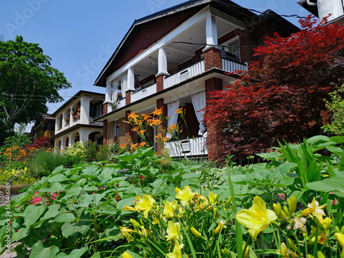 Photography Street with two story houses and colorful flowers in front yard