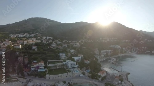 Aerial Drone Footage of Sunrise over the town of Mlini, Croatia.