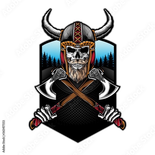 viking skull holding axe vector