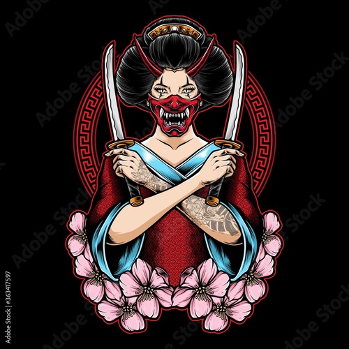 geisha holding katana vector illustration