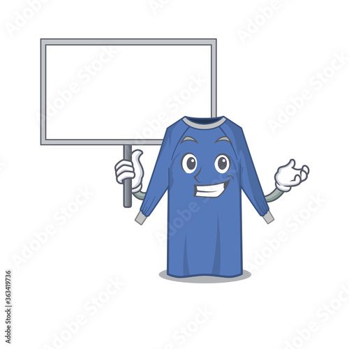 Cartoon picture of disposable clothes mascot design style carries a board