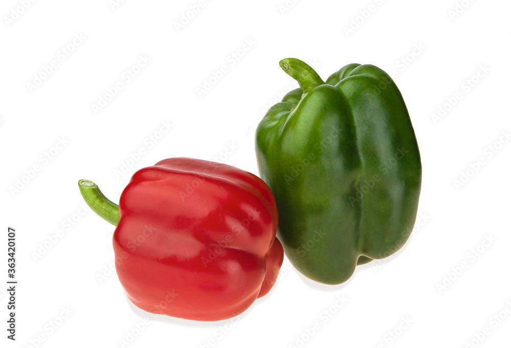 r\Red and green bell peppers isolated on white background