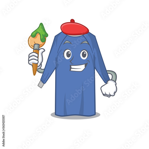 An artistic disposable clothes artist mascot design paint using a brush