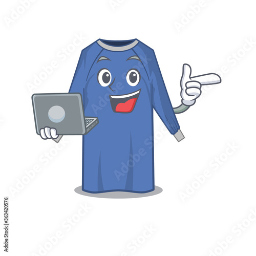 Smart cartoon character of disposable clothes studying at home with a laptop