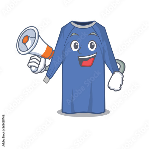 Mascot design of disposable clothes announcing new products on a megaphone