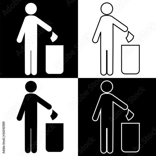 Trash disposal icon. Man removes trash. The cleaner removes trash in the bin. Vector image. Stock Photo.