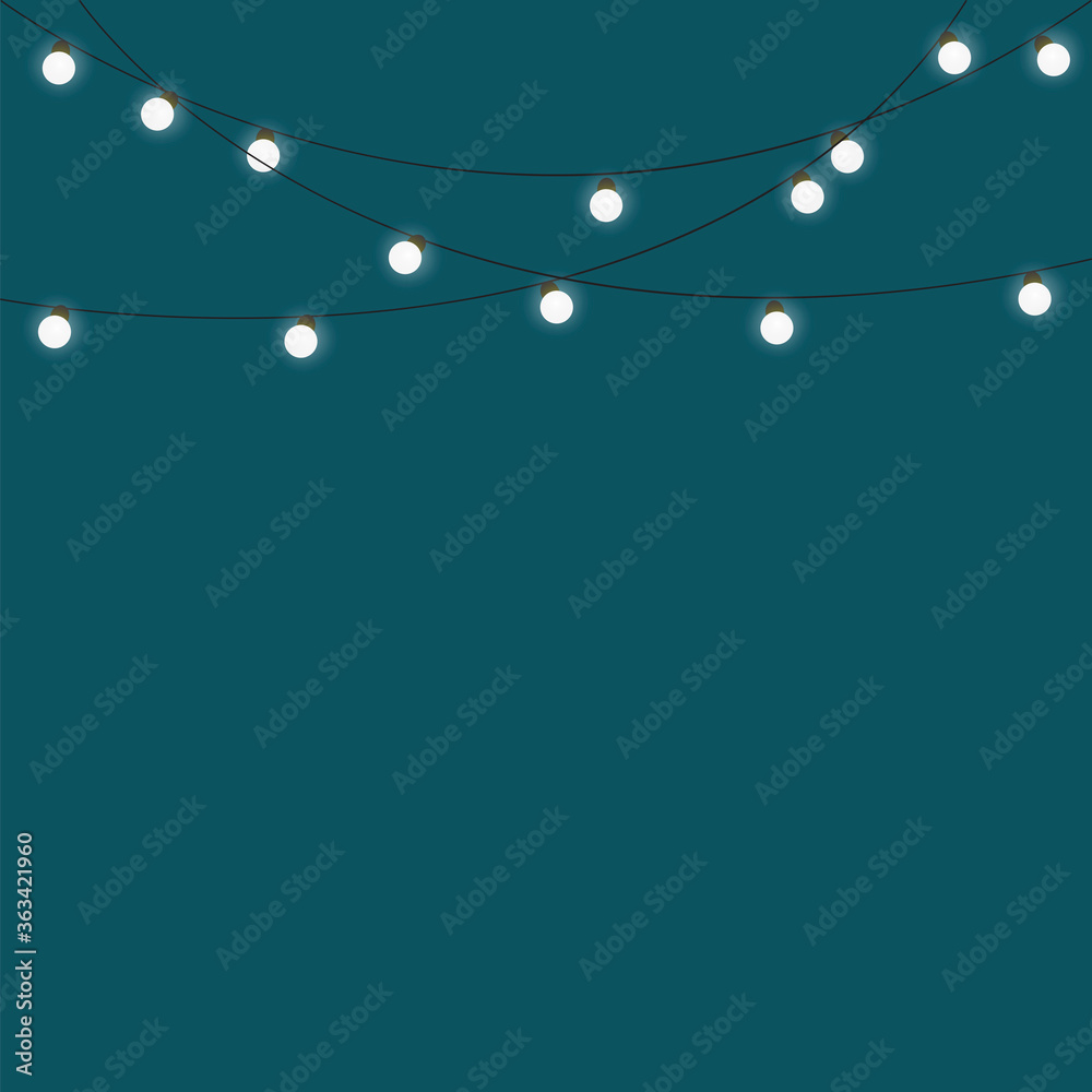 Fototapeta premium Banner with luminous bulbs. Modern festive decor. Green background with a garland. Stock Photo.