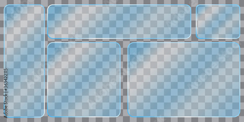 Plexiglass and acrylic poster. Glass panels. Blue transparent plates. Vector image. Stock Photo.