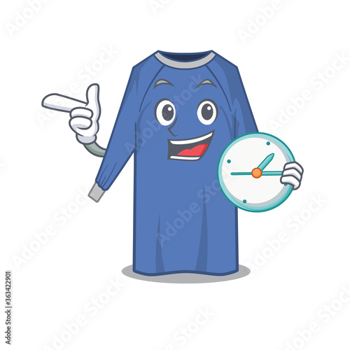 mascot design style of disposable clothes standing with holding a clock