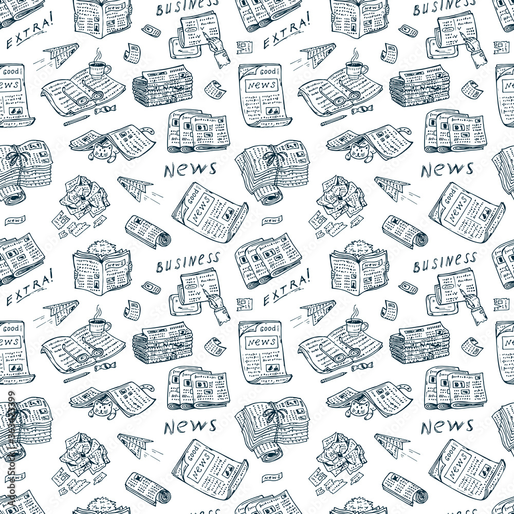 Press. Newspapers. Vector Seamless pattern: stacks and rolls of newspapers and magazines - Hand Drawn Doodles illustration
