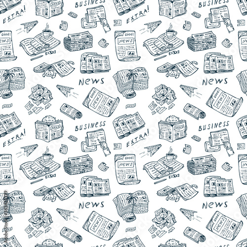 Press. Newspapers. Vector Seamless pattern  stacks and rolls of newspapers and magazines - Hand Drawn Doodles illustration 