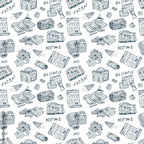 Press. Newspapers. Vector Seamless pattern: stacks and rolls of newspapers and magazines - Hand Drawn Doodles illustration
