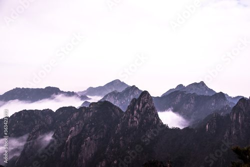 Wonderful and curious sea of clouds and beautiful Huangshan mountain landscape in China.