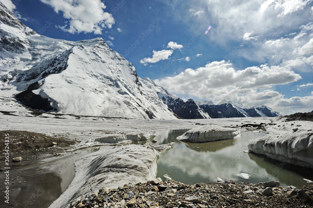 Melting of snow layers and glaciers at the foot of the Khan Tengri