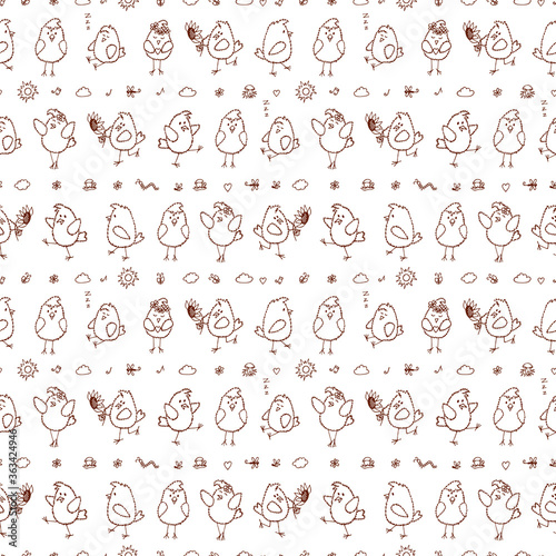 Fototapeta Naklejka Na Ścianę i Meble -  Birds Seamless pattern. Hand drawn doodles cute fluffy chicks - vector background. Wallpaper for kids
