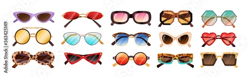 Set of fashionable sunglasses different shape and color vector illustration. Collection of modern and vintage accessories for vision and protection from sunshine isolated on white background
