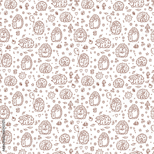 Hedgehogs seamless pattern. Hand drawn doodles cute Hedgehogs - vector illustration. Background for kids 