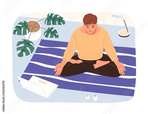 Calm male in lotus position watching online classes meditation on laptop vector illustration. Relaxed guy with closed eyes practicing yoga. Man doing exercise at cozy home with candles and incense