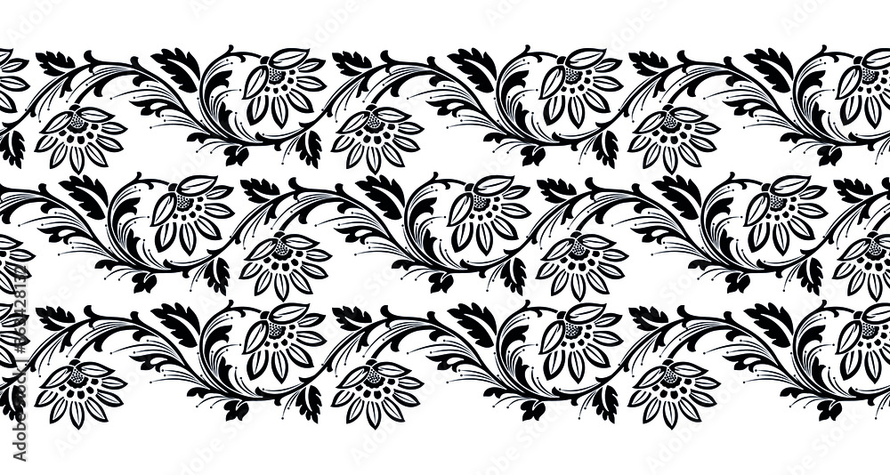 Seamless black and white vector floral border design Stock Vector ...