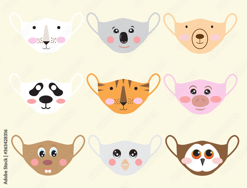 Set of animal face masks to prevent disease ,for kid,vector illustration. Set of animal face masks to prevent disease ,for kid,vector illustration.