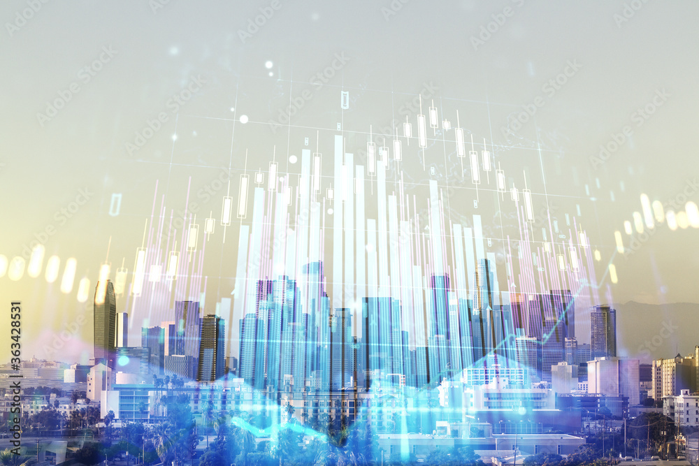 Multi exposure of abstract virtual financial graph hologram on Los Angeles skyline background, forex and investment concept