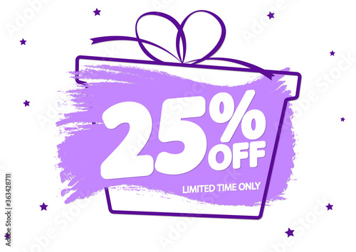 Sale 25% off, banner design template, discount tag, grunge brush, Christmas offer, vector illustration