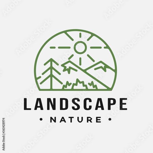 illustration of landscape, mountain, tree, sun, grass, in circle shape, beautiful natural panorama, monoline modern logo design premium vector photo
