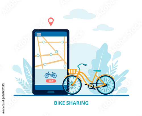 A bike-sharing station is near you. A mobile application for finding the nearest public bike rental station on a city map. Vector web banner template for bike sharing.