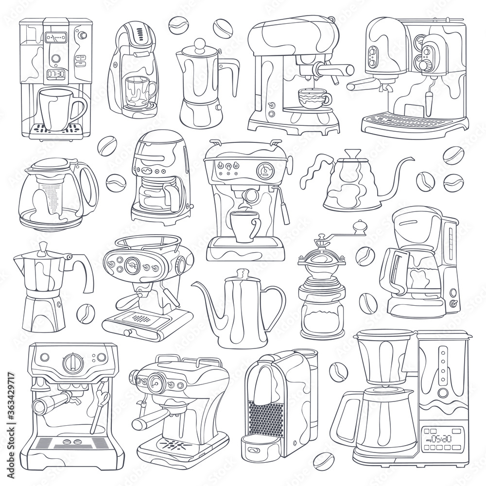Coffee machine. Coffee pot. Kettle. Coffee grinder. Cartoon art. Isolated vector object on a white background. Coffee machine. Coffee pot. Kettle. Coffee grinder. Cartoon art. Isolated vector object on a white background.
