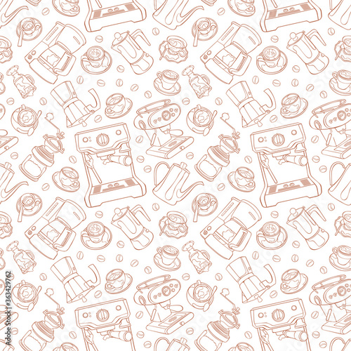 Coffee machine and coffee grinder. Coffee and coffee cup. Espresso  cappuccino and latte. Seamless vector pattern  background . Cartoon print.